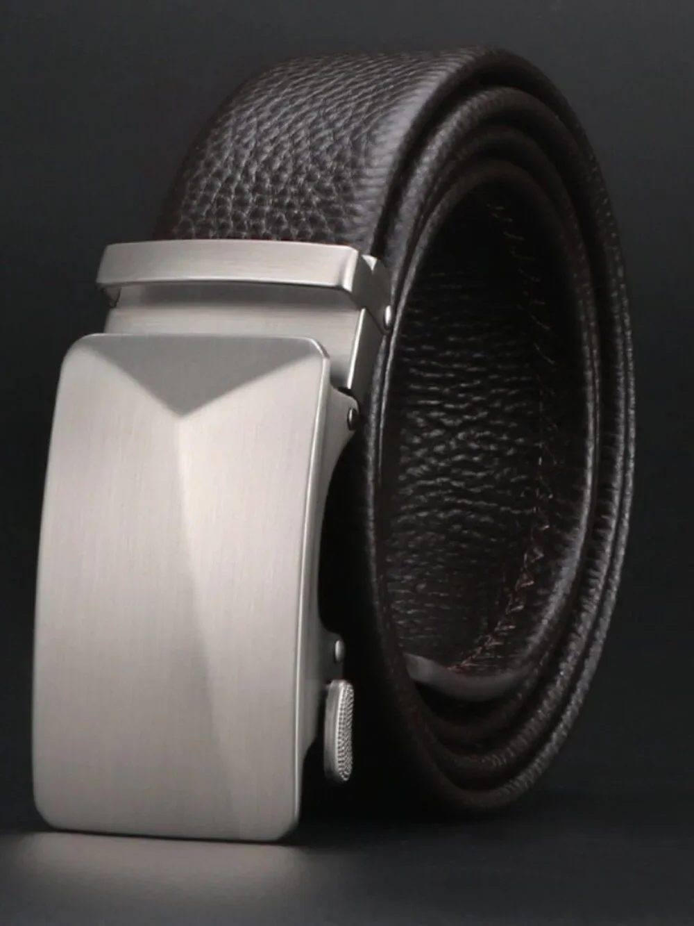 Men's Brown Leather Automatic Ratchet Belt - Checkerboard Pattern - 120cm